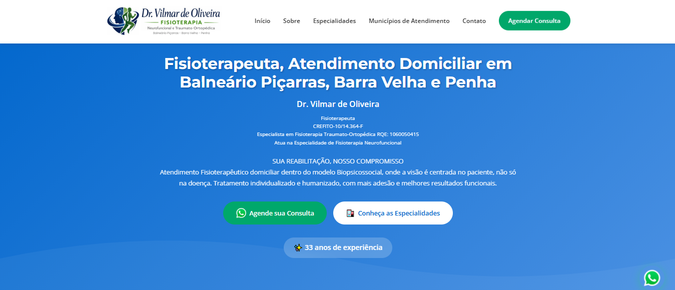 Site profissional para Vilmar de Oliveira, Fisioterapeuta